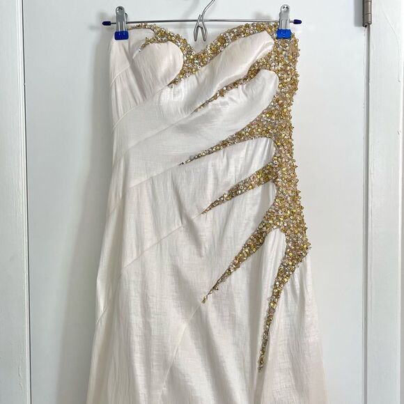 🚨SALE🚨 La Femme White Gold Beaded Strapless Trumpet Gown Prom Dress 4 - Picture 10 of 16